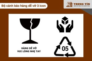 Bộ 3 biểu tượng hàng dễ vỡ: ly vỡ, tay nâng, mũi tên hướng lên.