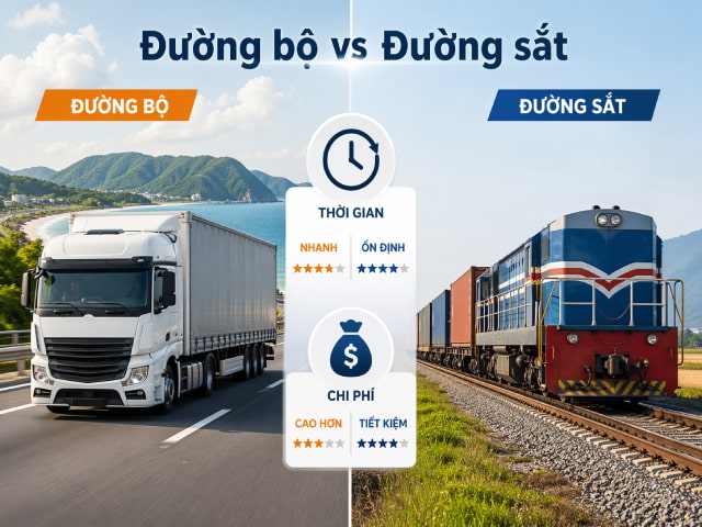 Đường bộ ưu thế về tốc độ và sự linh hoạt, trong khi đường sắt là giải pháp tiết kiệm cho các lô hàng số lượng lớn, không gấp.