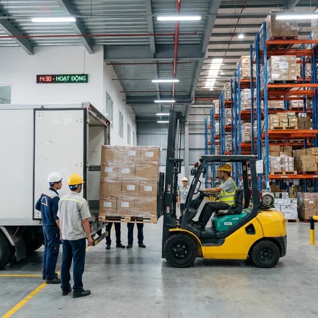 Hoạt động bốc xếp diễn ra liên tục tại kho để đảm bảo lịch trình xe chạy đúng tuyến Sài Gòn - Đà Nẵng mỗi ngày.