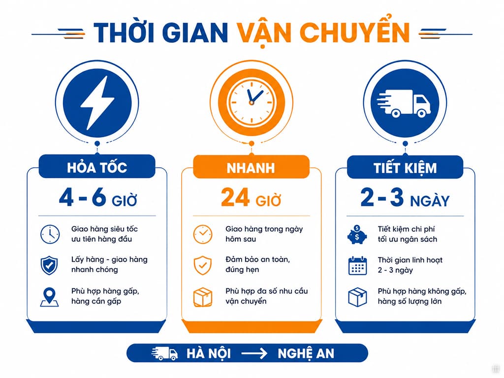 Linh hoạt chọn gói hỏa tốc hoặc chành xe ghép để tối ưu chi phí gửi hàng đi Nghệ An.