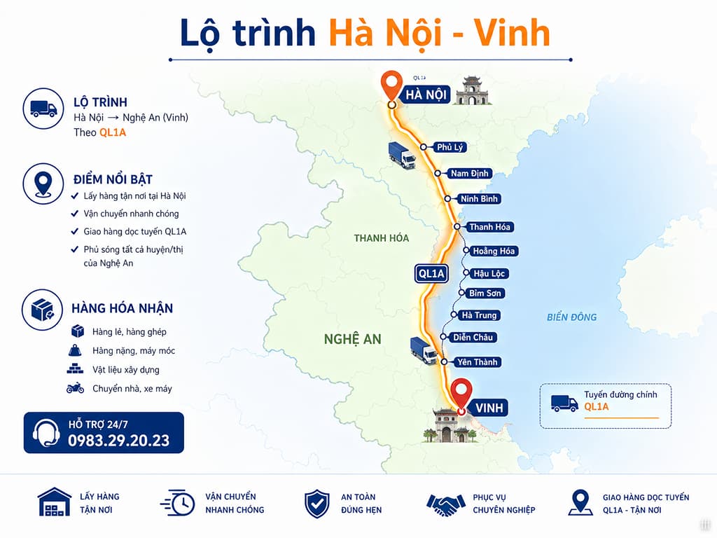Trung Tín giao nhận tận nơi tại Hà Nội và dọc QL1A đến TP. Vinh, các huyện Nghệ An.